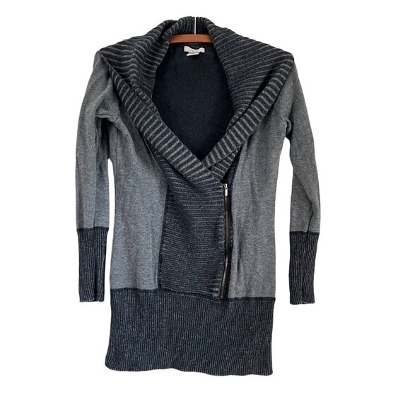 Cache Womens Gray Ribbed Shawl Collar Zip Front Pullover Sweater Size Small - Picture 1 of 5